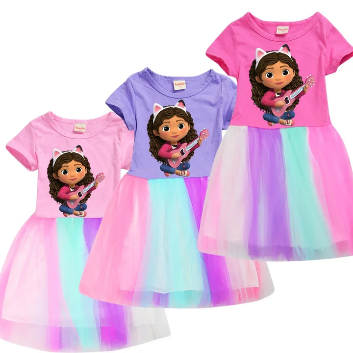 Gabby Doolhouse Clothes for Baby Girls Summer Short Sleeve Dresses Kids Cartoon Gabby Cats Dress Children Lace Princess Vestidos