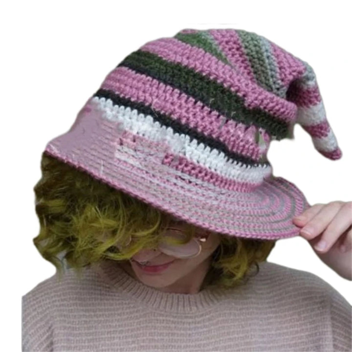 1PC Halloween Party Crocheted Witch Hats Party Wide Brim Pointed Hat Accessory Funny Cosplay Witch Hat with Stripes Photo Prop