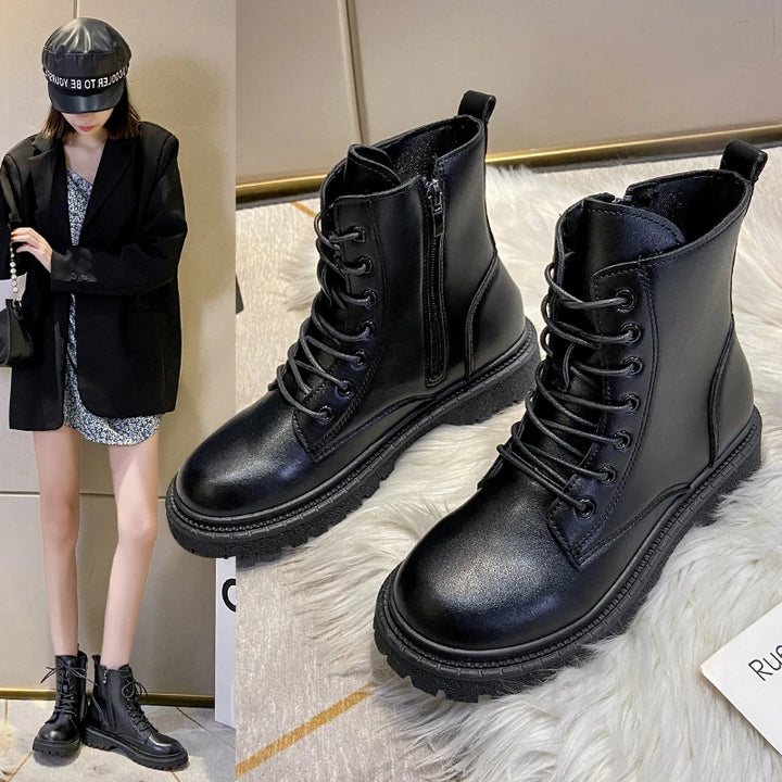 Women 2024 Autumn New Tooling Boots Lady Anti Slip Waterproof Lace Up Short Boots Students Casual Thick Heel Knight Boots