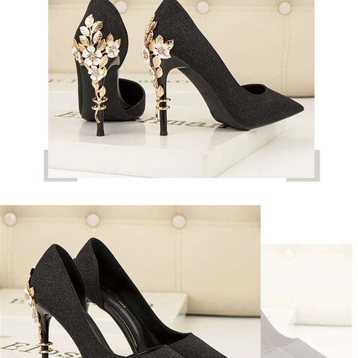 Light Luxury Sexy Women Dress Shoes 2025 Autumn Metal Flower Fashion High Heel Wedding White Pointed Sequins Shiny Female Pumps