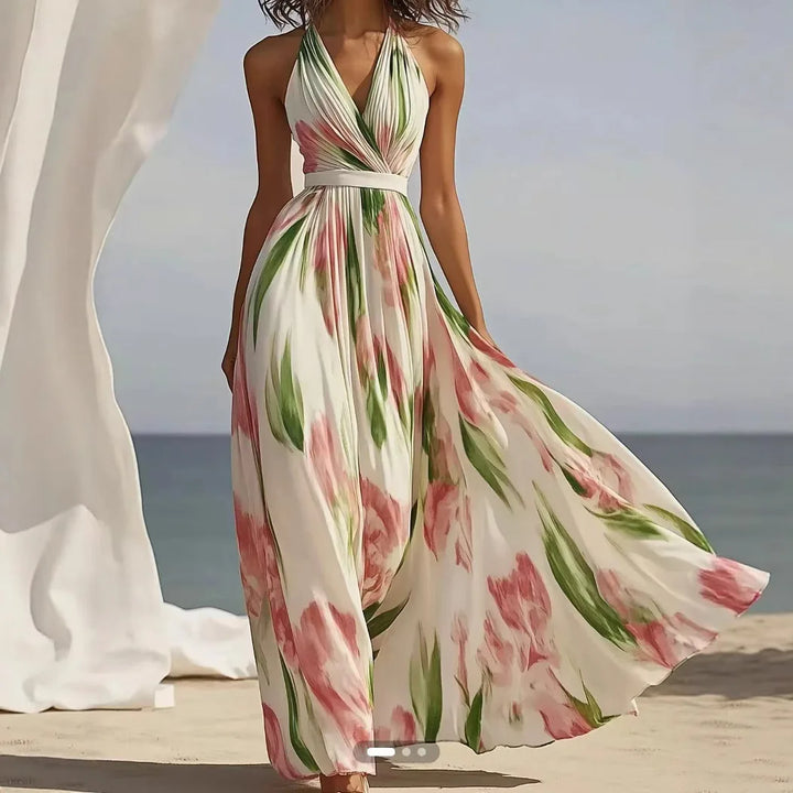 Summer Women's V-neck Fashionable Printed  Style Long Suspender Dress Elegant Long Dress
