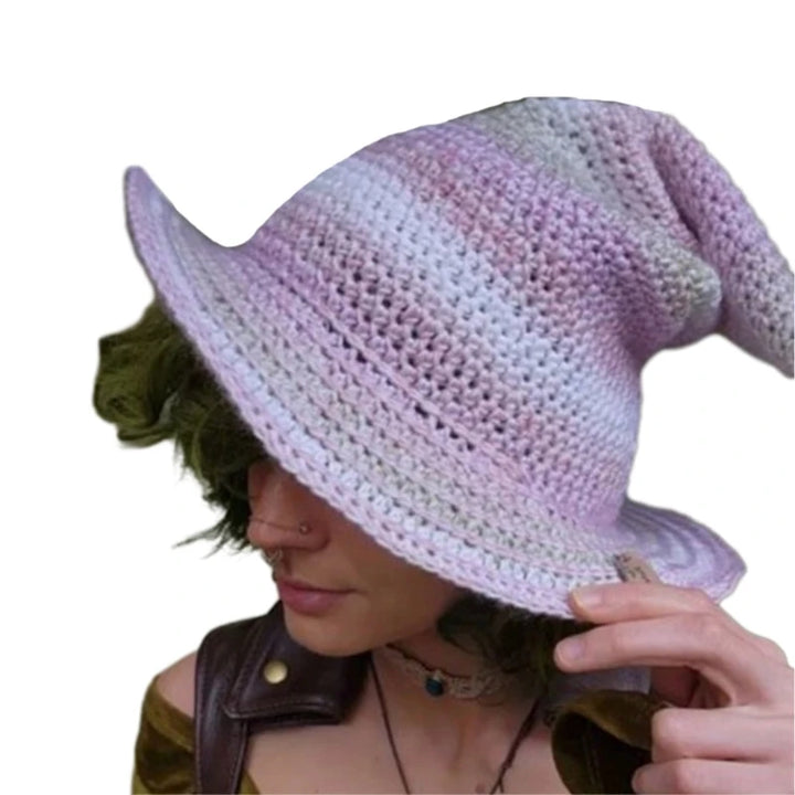 1PC Halloween Party Crocheted Witch Hats Party Wide Brim Pointed Hat Accessory Funny Cosplay Witch Hat with Stripes Photo Prop