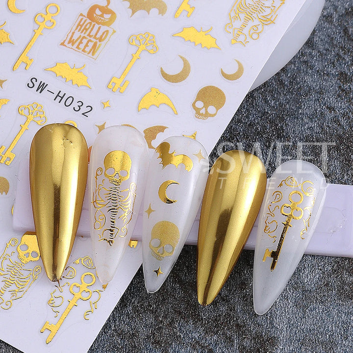 3pcs Halloween Nail Stickers Golden Skeleton Pumpkin Bat Key Nail Decal y2k Star Punk Gothic Nail Supplies Manicure Decoration