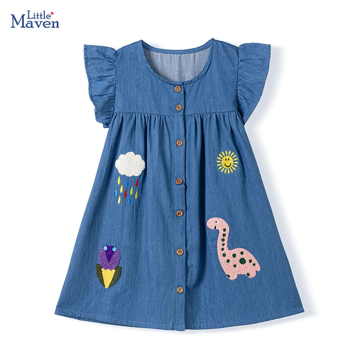Little maven Children's Clothing Baby Girls New Cotton Embroidered Cartoon Dinosaurs Denim Dresses