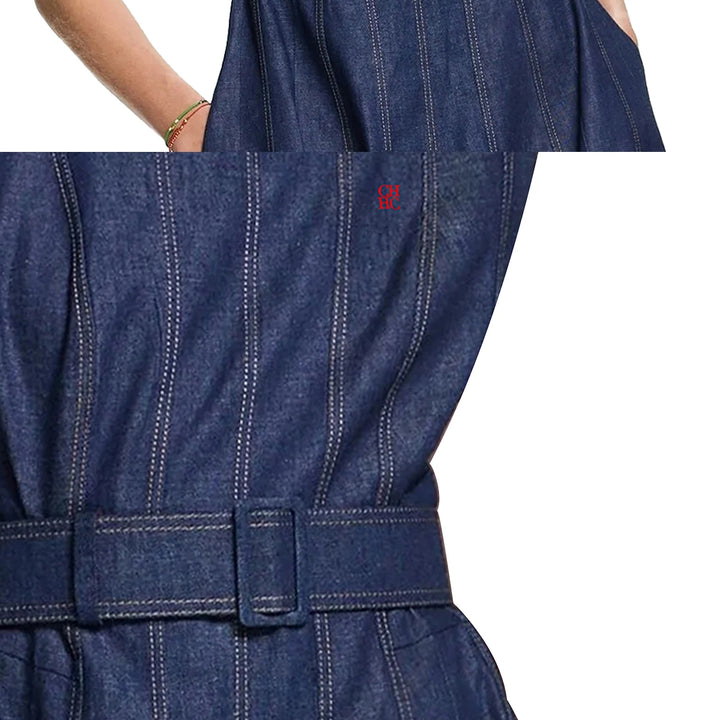 Fashion Sleeveless High Waist Maxi Dress Denim  Elegant O Neck New Office Ladies