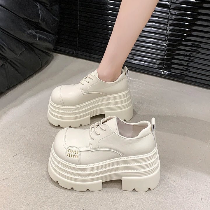 Women's Leather Sneakers New High Platform Lace-up Casual Shoes Thick Sole 10CM Heels Walking Shoes Zapatos Mujer