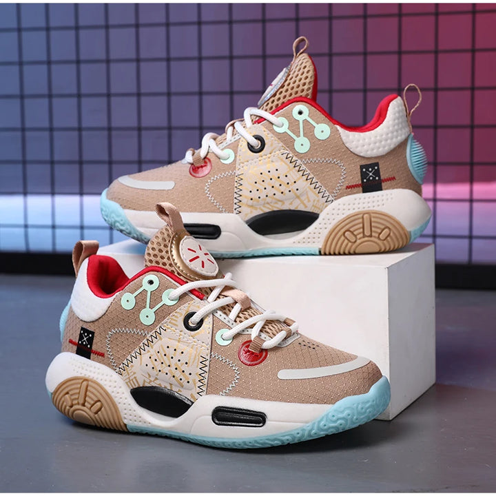Kids Fashion Sneakers for Boys Leather Breathable Sports Basketball Shoes Lightweight Children School Walking Footwear