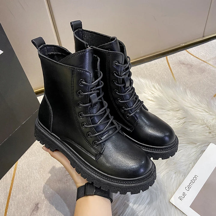 Women 2024 Autumn New Tooling Boots Lady Anti Slip Waterproof Lace Up Short Boots Students Casual Thick Heel Knight Boots