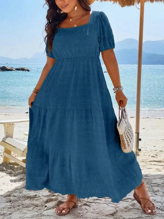 Plus Size 1XL-5XL Women's Fashionable Square Neck Solid Color Dress Ladies Casual A-line Skirt Short Sleeved Long Dress