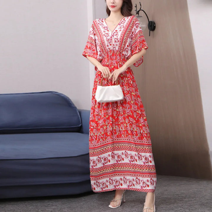V-neck Large Skirt Hem Casual Sweet Long Dress Bat Sleeves Elastic Waist Bohemian Print Floral Elegant .