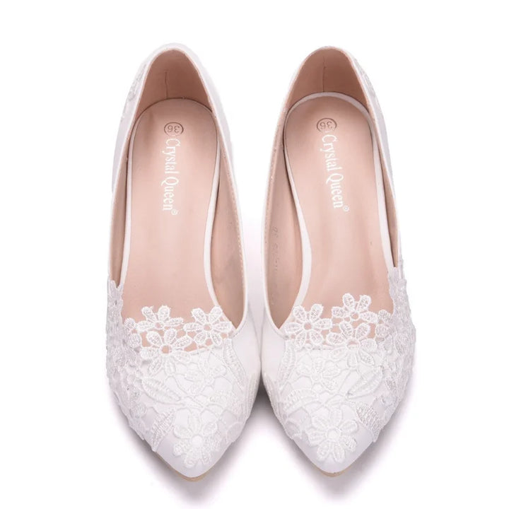 XIHAHA Fashion Women's Crystal Queen White Lace Flower Wedding Shoes Woman Point Toe Slips Lady Dress Flats Sneaker Big Size 43