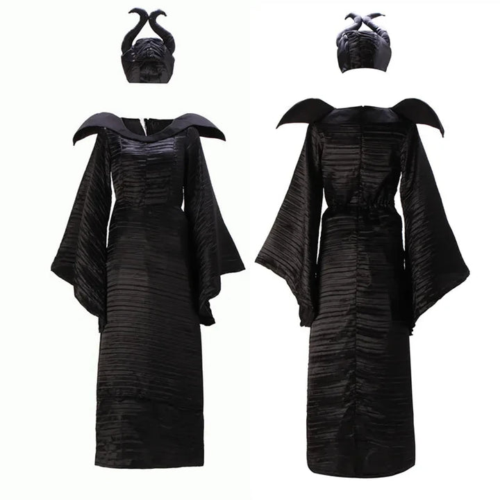 Halloween Movie Character Deluxe Black Horned Hat Imitation Texture Dress Evil Queen Witch Dress Cosplay Party Carnival Costume