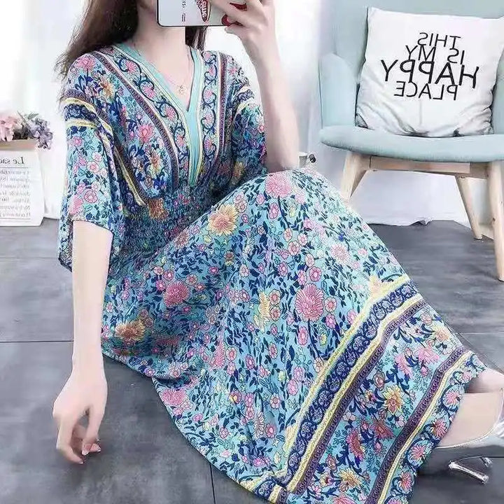 V-neck Large Skirt Hem Casual Sweet Long Dress Bat Sleeves Elastic Waist Bohemian Print Floral Elegant .