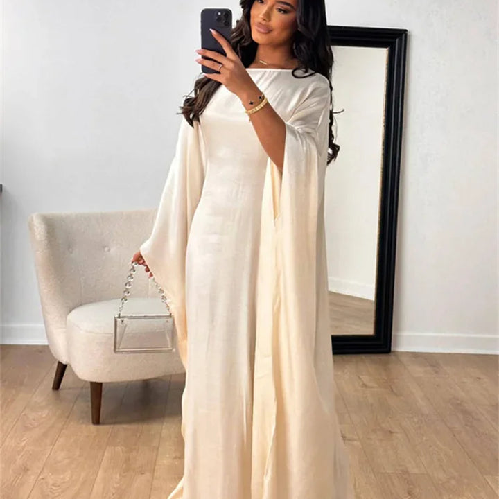 Tossy Autumn Loose Shiny Maxi Dress Butterfly Batwing Long Sleeve Muslim Clothes Party Solid Female Long Dress New