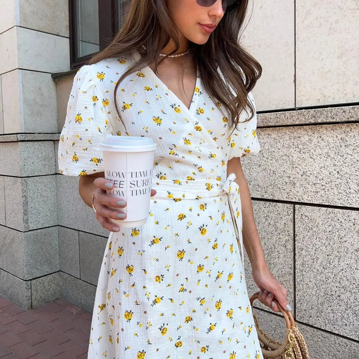Bornladie Women Printed Lace Up D Short Sleeve Fashion Office Lady Long Dress 100% Cotton Daily Casual V-neck