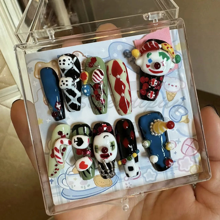 High-Quality Handmade 3D Art Press On Nails Halloween Theme Horror Clown Coffin Shape Spicy Girl Style Detachable Wear Fake Nail