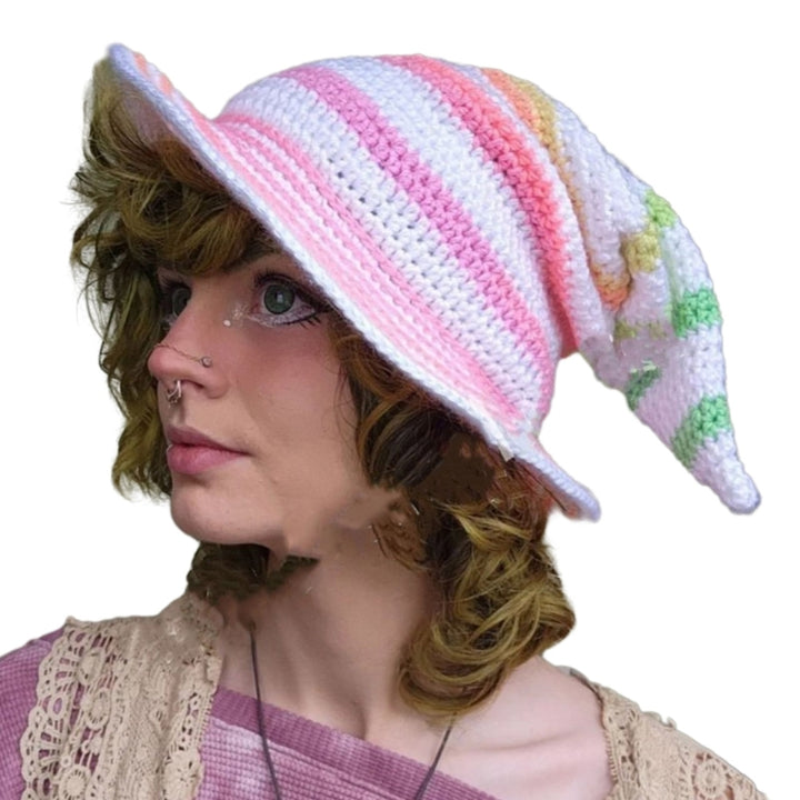 1PC Halloween Party Crocheted Witch Hats Party Wide Brim Pointed Hat Accessory Funny Cosplay Witch Hat with Stripes Photo Prop
