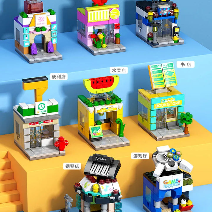 NEW DIY Makeup Convenience Store Flower Shop Hair Salon Piano Game Hall Fruit Bookstore Building Blocks Bricks Movie Model Toy