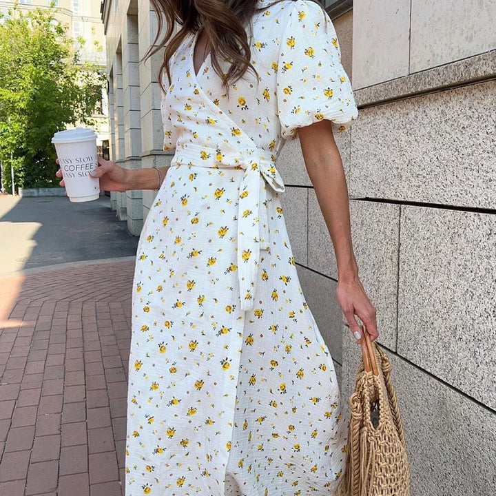 Bornladie Women Printed Lace Up D Short Sleeve Fashion Office Lady Long Dress 100% Cotton Daily Casual V-neck