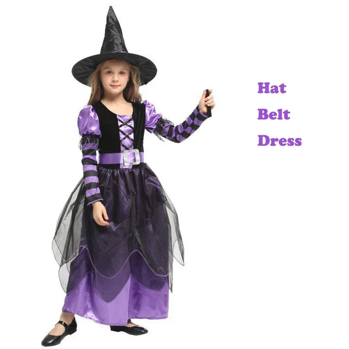 Halloween Party Costumes Purple Witch Dress for Girls Kids Mesh Long Sleeves Carnival Witch Clothes Cosplay Dress Hat Broom Suit