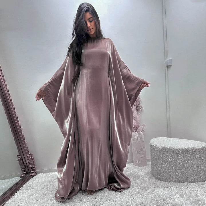 Tossy Autumn Loose Shiny Maxi Dress Butterfly Batwing Long Sleeve Muslim Clothes Party Solid Female Long Dress New