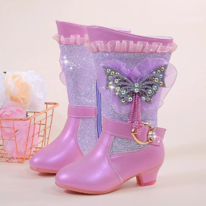 2025 Girls High Heel Boots Children's Sequins Rhindiamonds Butterfly-knot Princess Boots with Velvet Warm Mid-tube Kids Boots