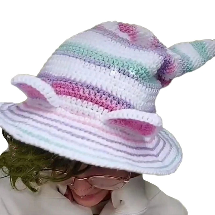 1PC Halloween Party Crocheted Witch Hats Party Wide Brim Pointed Hat Accessory Funny Cosplay Witch Hat with Stripes Photo Prop
