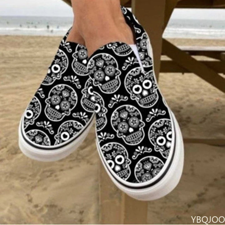 Flats Halloween Pumpkin Shoes 2023 Autumn Skeleton Printing  Women Shoes Slip-on Lazy Canvas Shoes Loafers Zapatos Mujer