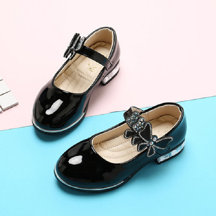 Girls Leather Shoes 2022 Spring Summer PU Patent Leather Kids Dress Shoes High Heels Butterfly-knot Dress Shoes for Wedding Chic