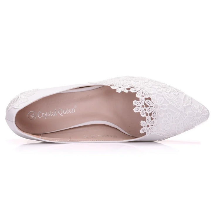 XIHAHA Fashion Women's Crystal Queen White Lace Flower Wedding Shoes Woman Point Toe Slips Lady Dress Flats Sneaker Big Size 43
