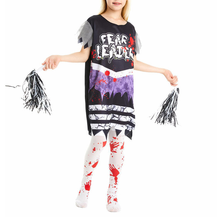 Kids Girls Halloween Party Horror Zombie Cosplay Costume Cheerleading Dance Outfits Bloody Dress with Stockings Flower Balls