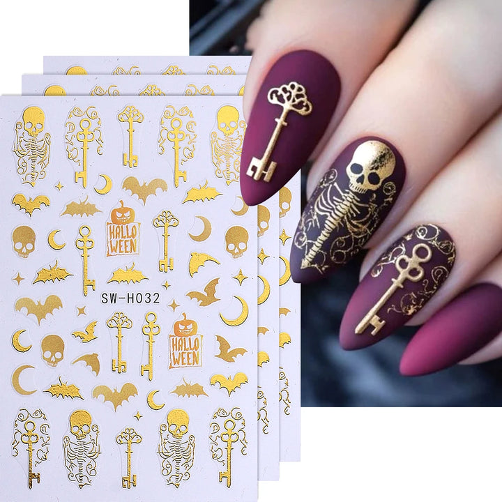 3pcs Halloween Nail Stickers Golden Skeleton Pumpkin Bat Key Nail Decal y2k Star Punk Gothic Nail Supplies Manicure Decoration