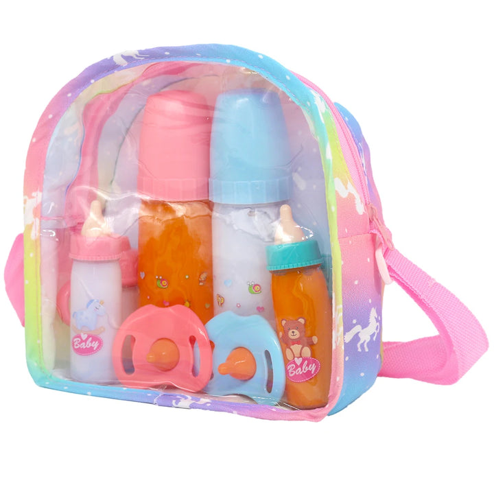 Newborn Doll Accessories Kit with Clear Display Rainbow Carrying Bag Transparent Display Window Fit 14inch Dolls Doll Travel Set