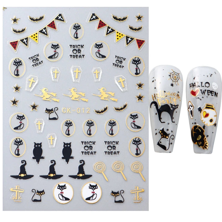 Halloween Nail Art Stickers Pumpkin Skull Cartoon Sticker For Women and Girls Press On Nails Decals Holloween Nail Art Supplies