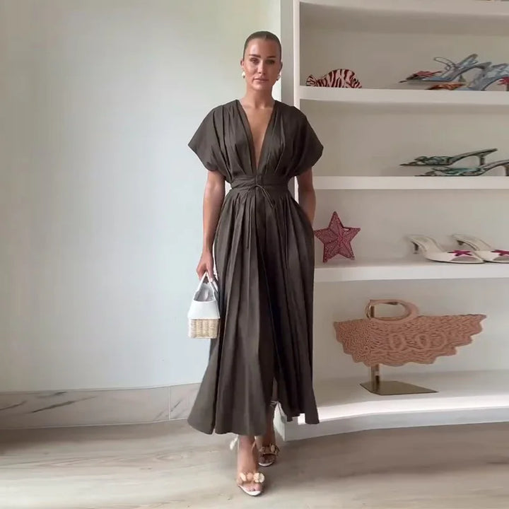 Elegant Pleated Lace Up Long Dress Deep V-neck Flying Sleeve A-line Party Dress Office All-match Chic Robes