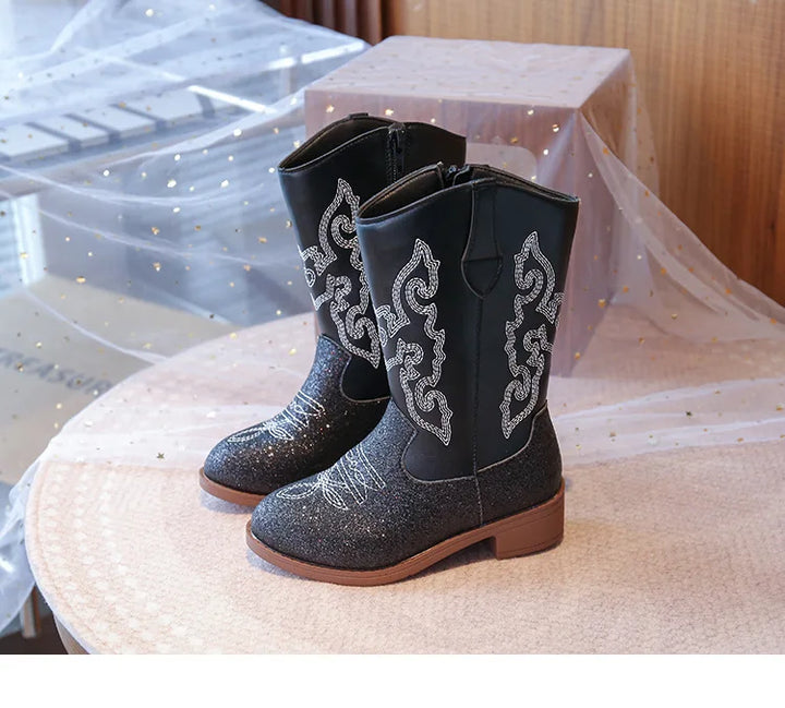 Girls Boots Toddler Snow Gear Mid Calf Glitter Western Cowboy Boot 2025 Autumn Big Kid Riding Girls Botas Size 27-36 Kids Shoes
