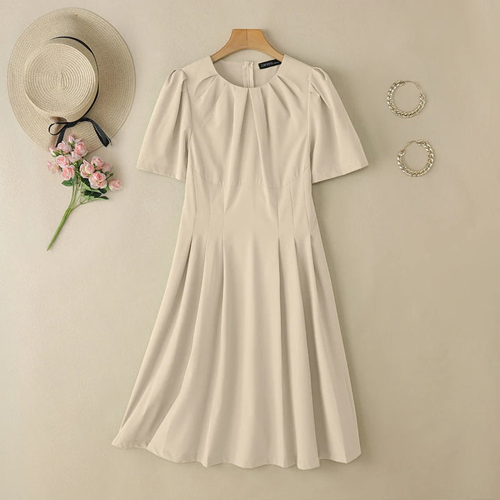 ZANZEA Office Lady Dresses Women Solid Pleated Dress Elegant Short Sleeve Party Vestidos Stylish Holidays Midi Dress