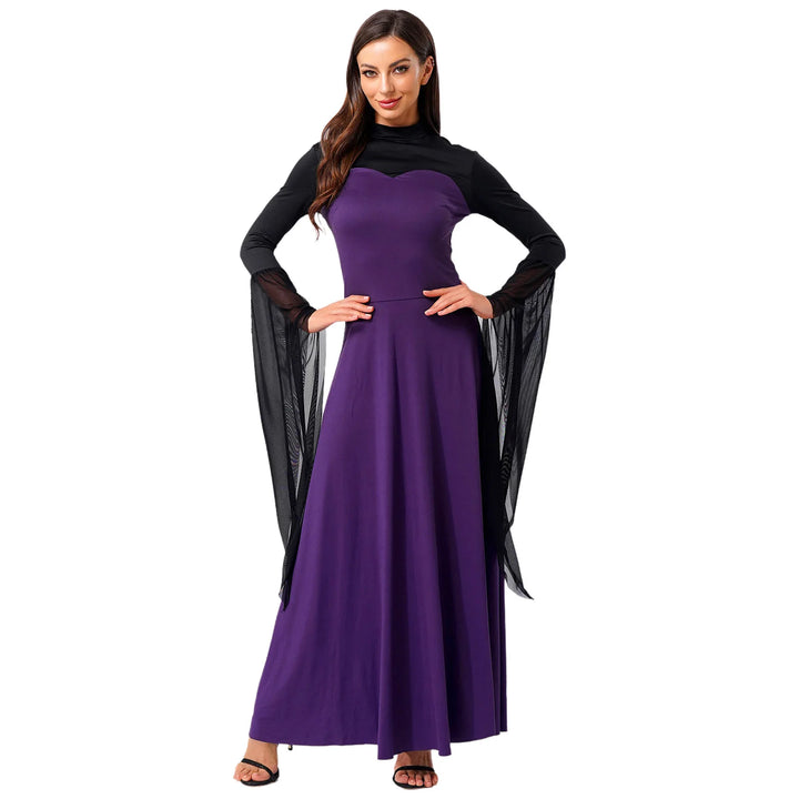 Halloween Costume Vampire Witch Cosplay Costume for Women Flared Mesh Cuffs Medieval Witch Maxi Dresses Masquerade Party Dress