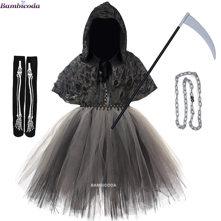 Halloween Grim Dresses Horror Death Cosplay Black Cloak Costume kids Girls Party Clothes Halloween Dress Demon Ghosts Costume