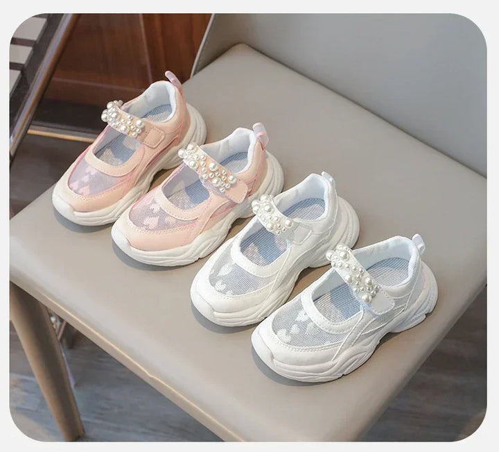 Children's Sneakers New Mesh Sports Shoes Spring Autumn Girls Fashion Shallow Breathable Pearl Tennis Kids Causal Flats
