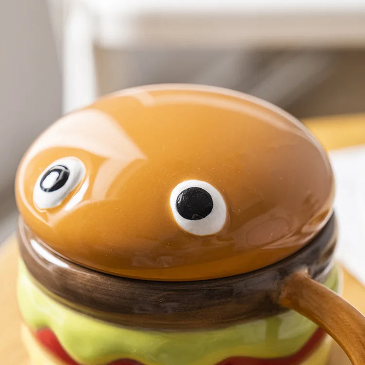 300ML Coffee Mugs Creative Hamburger Shaped Water Cup with Lid Cute and Cute Breakfast Cup Large Capacity Ceramic Hamburger Mug