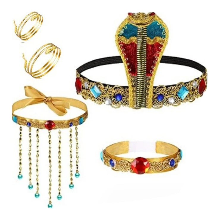 Halloween Egyptian Costume Accessories Egyptian Cobras Headpiece Beaded Tassels Necklace Decoration for Dressing Party