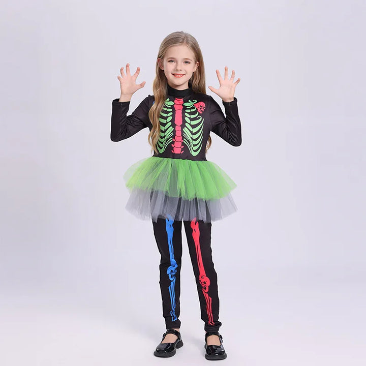 Girls Colorful Skeleton Costume – One-Piece Dress
Spooky & bright!
Fun skeleton print with a pop of color, perfect for Halloween trick-or-treating and parties.
💀 Includes: One-piece tight skirt dress up.
🎃 Perfect for Halloween parties