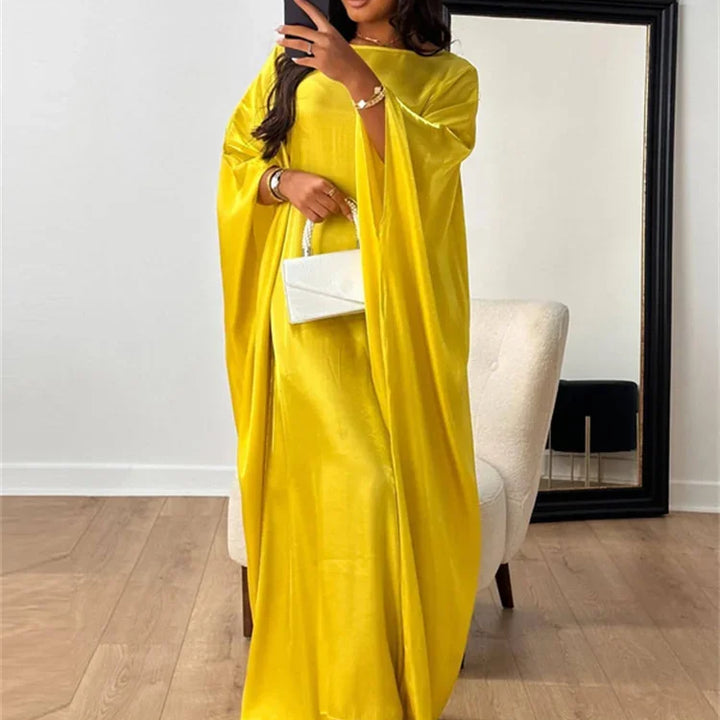 Tossy Autumn Loose Shiny Maxi Dress Butterfly Batwing Long Sleeve Muslim Clothes Party Solid Female Long Dress New