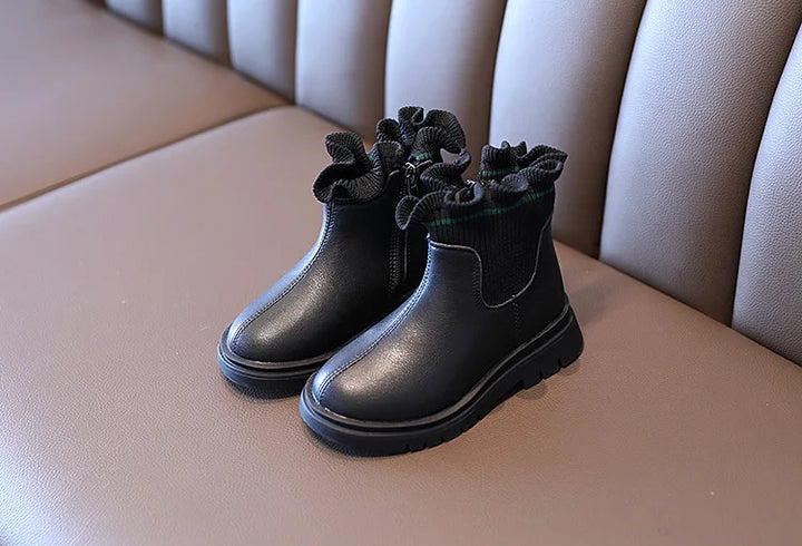 Girls Boots Fashio Knitted Ankle Boots Autumn Winter Soft Leather Slip on Kids Shoes Princess Non-slip Plush Snow Boots ботинки
