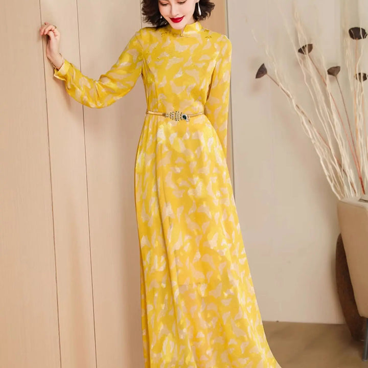 Jacquard Runway Women Party dress Evening Long Sleeve Vintage Floral Yellow Long Dress Zipper Photography Occasion