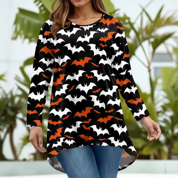 Plus Size Halloween Print T-Shirt for Women Fashion Round Neck Long Sleeve Casual Loose Pullover Top Halloween Party Costumes
