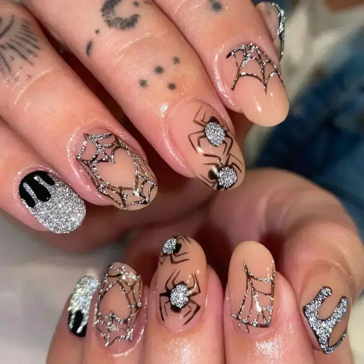 24Pc Halloween False Nails with Almond Head Designs Cute Clown Fake Nails French Full Cover Manicure Press on Nail Tips for Girl