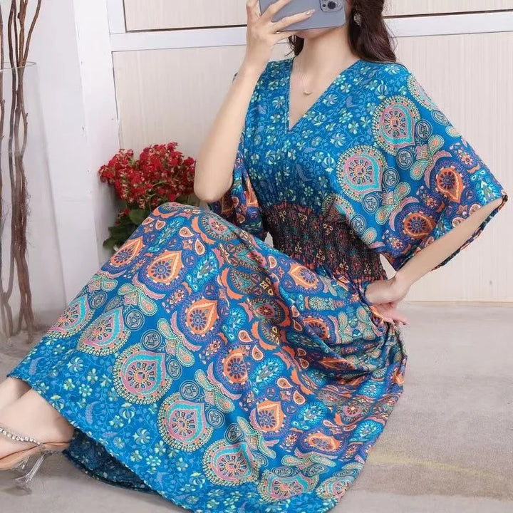 V-neck Large Skirt Hem Casual Sweet Long Dress Bat Sleeves Elastic Waist Bohemian Print Floral Elegant .