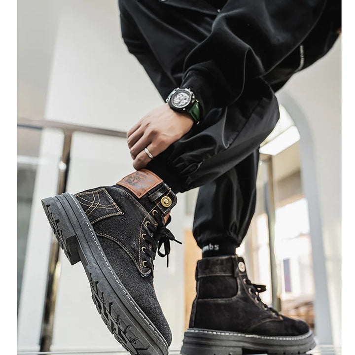 Retro Men's Platform Denim Boots High Quality Men Tooling Boots Fashion Trend Denim Versatile Casual Shoes High Top Working Shoe